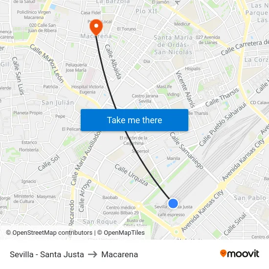 Sevilla - Santa Justa to Macarena map