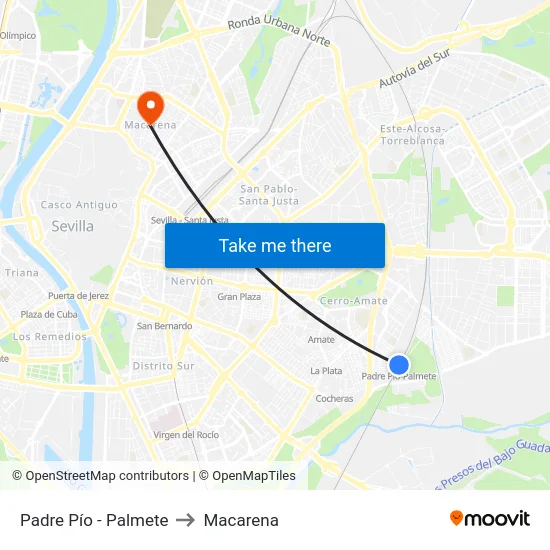 Padre Pío - Palmete to Macarena map