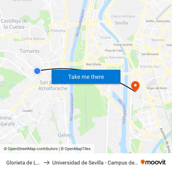 Glorieta de La Luz(V) to Universidad de Sevilla - Campus de Reina Mercedes map