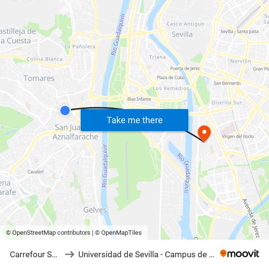 Carrefour San Juan to Universidad de Sevilla - Campus de Reina Mercedes map