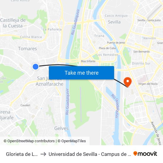 Glorieta de La Luz(I) to Universidad de Sevilla - Campus de Reina Mercedes map