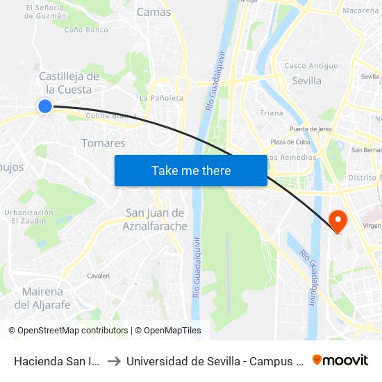 Hacienda San Ignacio (V) to Universidad de Sevilla - Campus de Reina Mercedes map