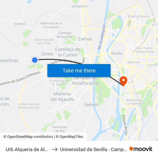 Urb Alqueria de Almanzor (Frente) to Universidad de Sevilla - Campus de Reina Mercedes map
