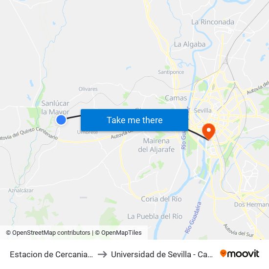 Estacion de Cercanias Sanlucar La Mayor to Universidad de Sevilla - Campus de Reina Mercedes map