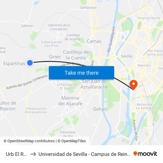 Urb El Retiro to Universidad de Sevilla - Campus de Reina Mercedes map