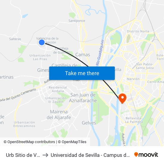 Urb Sitio de Valencina to Universidad de Sevilla - Campus de Reina Mercedes map