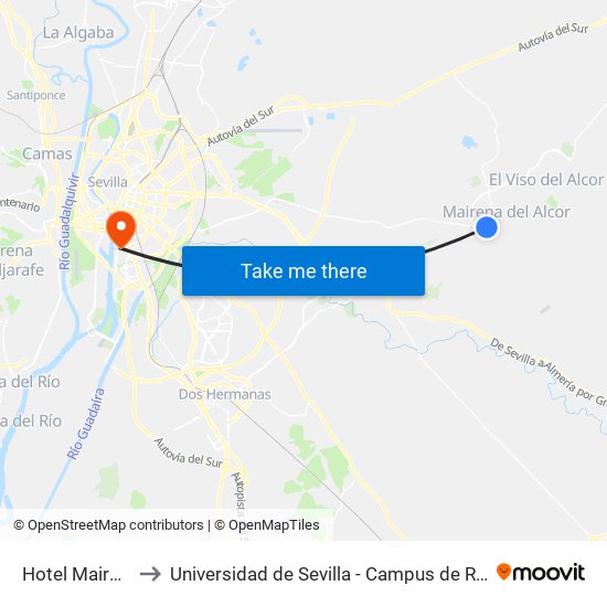 Hotel Mairena (V) to Universidad de Sevilla - Campus de Reina Mercedes map
