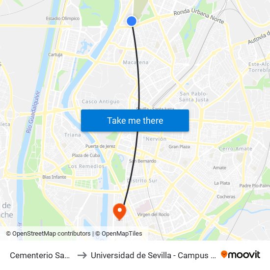 Cementerio San Lazaro (I) to Universidad de Sevilla - Campus de Reina Mercedes map