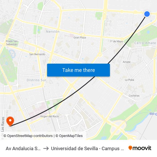 Av Andalucia Sta Aurelia to Universidad de Sevilla - Campus de Reina Mercedes map