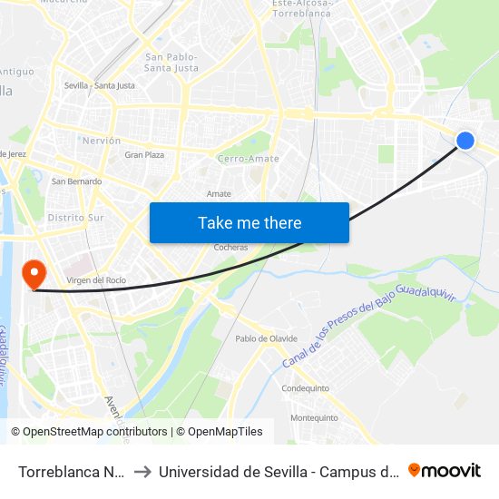 Torreblanca Natuka (V) to Universidad de Sevilla - Campus de Reina Mercedes map