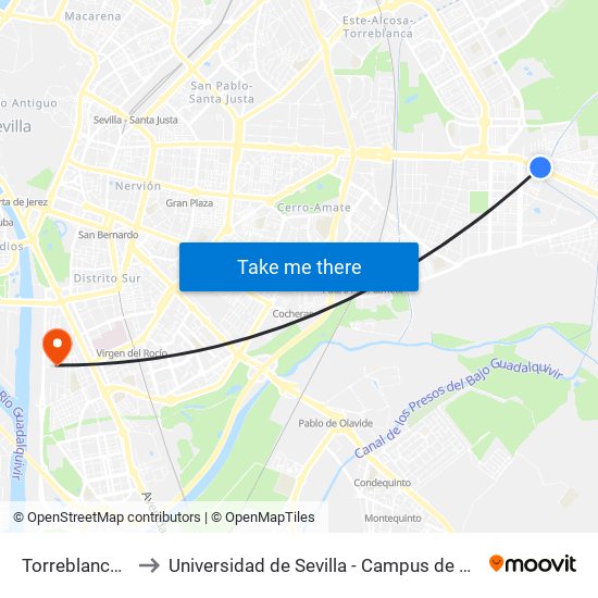 Torreblanca Canal to Universidad de Sevilla - Campus de Reina Mercedes map