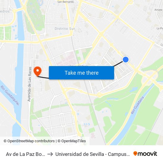 Av de La Paz Bomberos (I) to Universidad de Sevilla - Campus de Reina Mercedes map