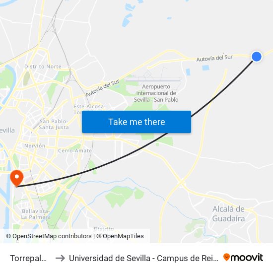 Torrepalma (I) to Universidad de Sevilla - Campus de Reina Mercedes map