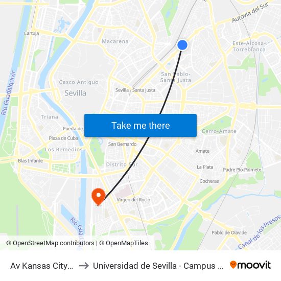 Av Kansas City Renault(I) to Universidad de Sevilla - Campus de Reina Mercedes map