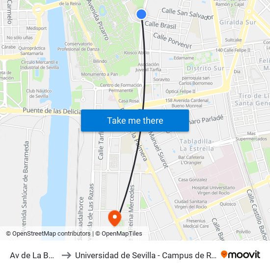 Av de La Borbolla to Universidad de Sevilla - Campus de Reina Mercedes map