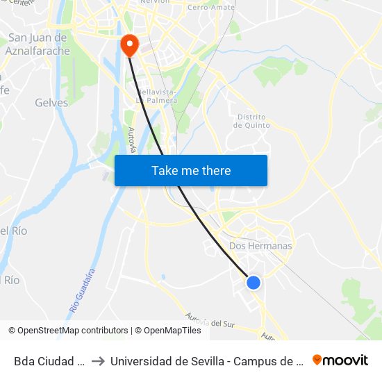 Bda Ciudad Blanca to Universidad de Sevilla - Campus de Reina Mercedes map