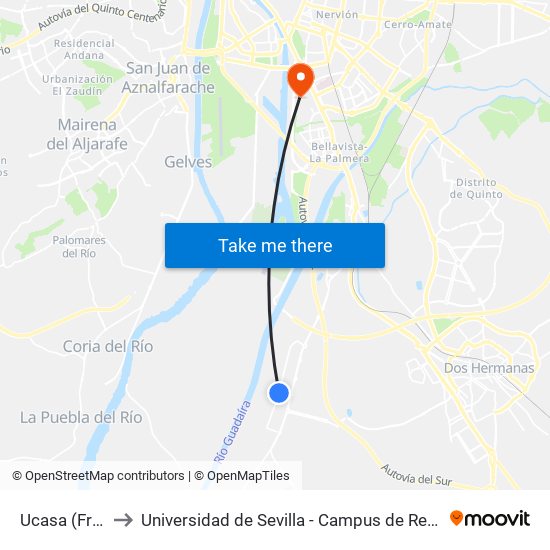 Ucasa (Frente) to Universidad de Sevilla - Campus de Reina Mercedes map