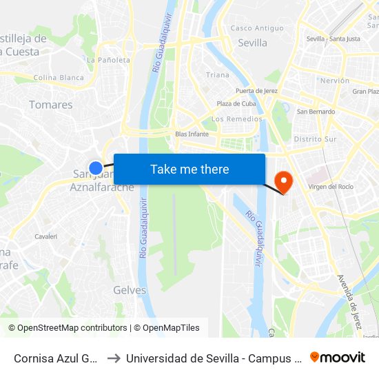 Cornisa Azul Guardia Civil to Universidad de Sevilla - Campus de Reina Mercedes map