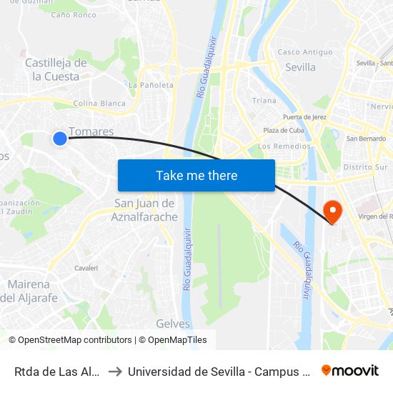 Rtda de Las Almenas(V) to Universidad de Sevilla - Campus de Reina Mercedes map