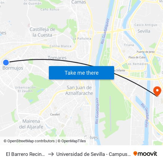 El Barrero Recinto Ferial (V) to Universidad de Sevilla - Campus de Reina Mercedes map