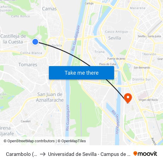 Carambolo (Frente) to Universidad de Sevilla - Campus de Reina Mercedes map