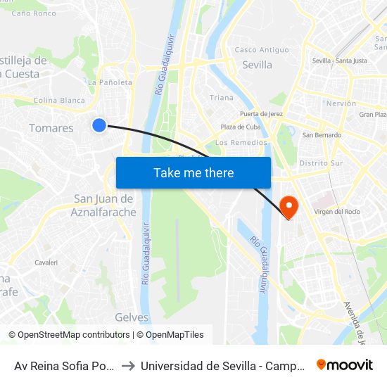 Av Reina Sofia Polideportivo (I) to Universidad de Sevilla - Campus de Reina Mercedes map