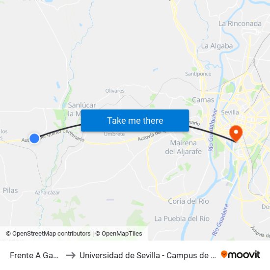 Frente A Gasolinera to Universidad de Sevilla - Campus de Reina Mercedes map