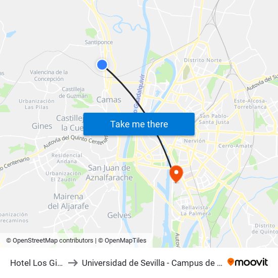 Hotel Los Girasoles to Universidad de Sevilla - Campus de Reina Mercedes map