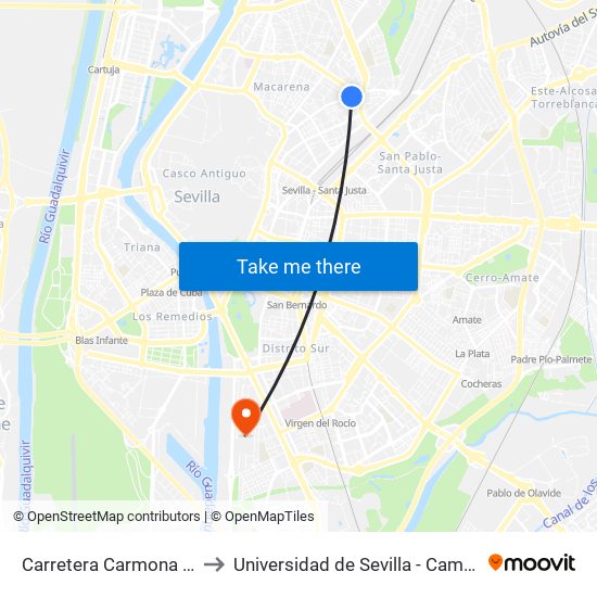 Carretera Carmona (Avenida Llanes) to Universidad de Sevilla - Campus de Reina Mercedes map