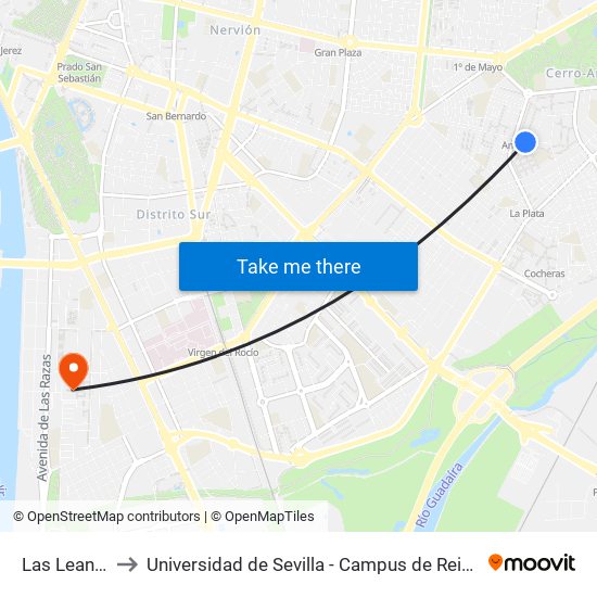 Las Leandras to Universidad de Sevilla - Campus de Reina Mercedes map