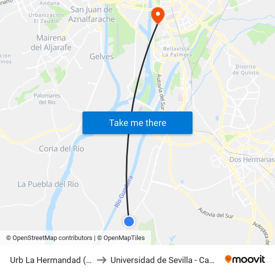 Urb La Hermandad (Venta El Cachopo) to Universidad de Sevilla - Campus de Reina Mercedes map