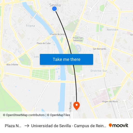 Plaza Nueva to Universidad de Sevilla - Campus de Reina Mercedes map