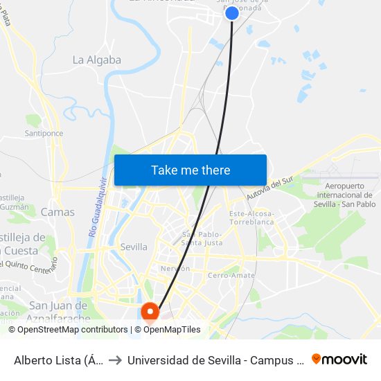 Alberto Lista (Área Mujer) to Universidad de Sevilla - Campus de Reina Mercedes map