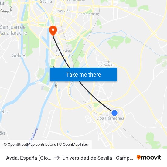 Avda. España (Glorieta Valencia) to Universidad de Sevilla - Campus de Reina Mercedes map