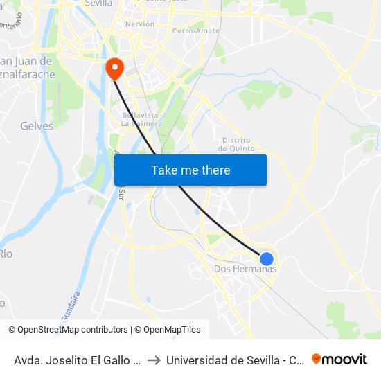 Avda. Joselito El Gallo (Esq. Sierra Carboneras) to Universidad de Sevilla - Campus de Reina Mercedes map