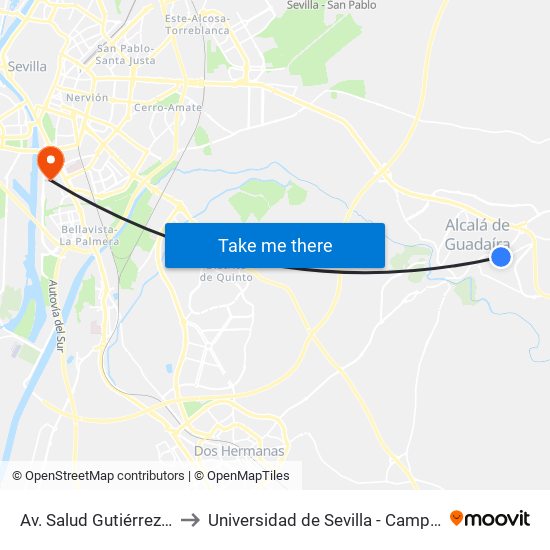 Av. Salud Gutiérrez (Centro Salud) to Universidad de Sevilla - Campus de Reina Mercedes map