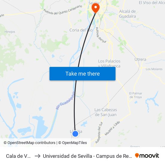 Cala de Vargas to Universidad de Sevilla - Campus de Reina Mercedes map