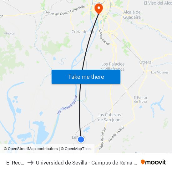 El Recreo to Universidad de Sevilla - Campus de Reina Mercedes map