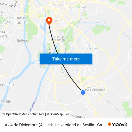 Av 4 de Diciembre (Av Doctor Fleming) (I) to Universidad de Sevilla - Campus de Reina Mercedes map