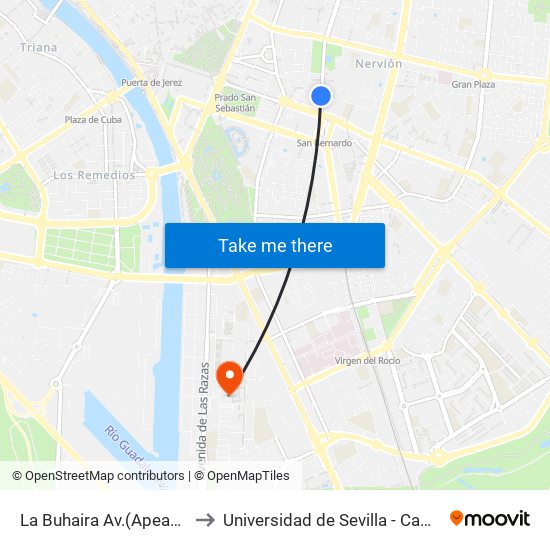 La Buhaira  Av.(Apeadero San Bernardo) to Universidad de Sevilla - Campus de Reina Mercedes map