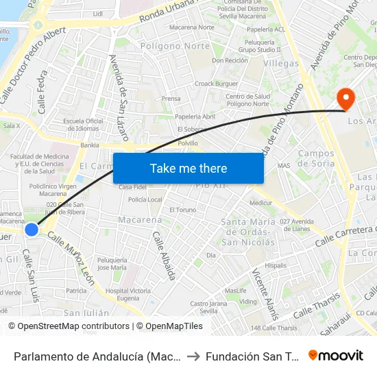 Parlamento de Andalucía (Macarena) to Fundación San Telmo map