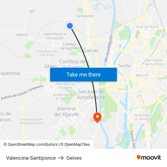 Valencina-Santiponce to Gelves map