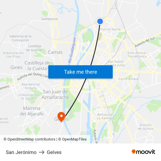 San Jerónimo to Gelves map