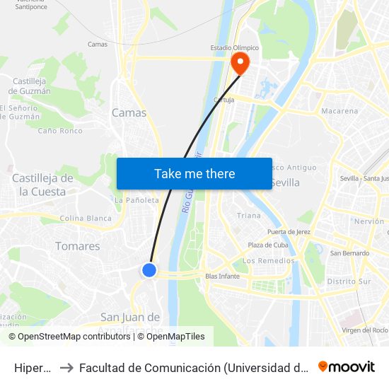 Hipercor to Facultad de Comunicación (Universidad de Sevilla) map