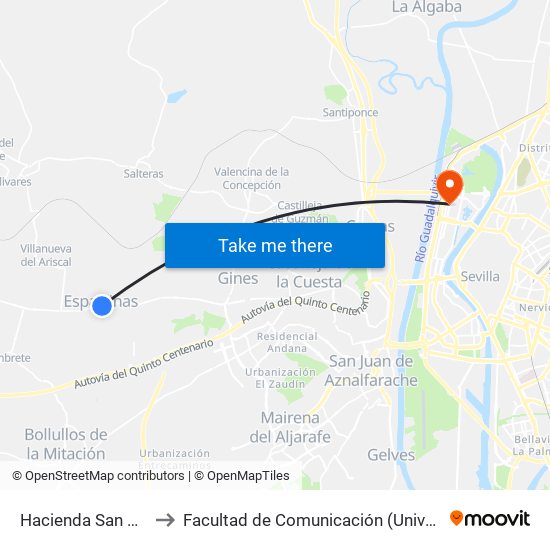 Hacienda San Antonio (I) to Facultad de Comunicación (Universidad de Sevilla) map