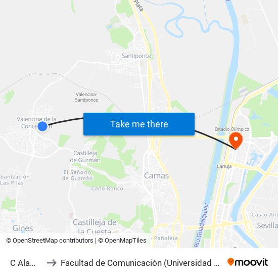 C Alamillo to Facultad de Comunicación (Universidad de Sevilla) map