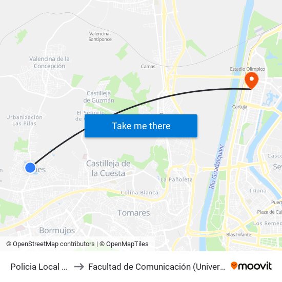 Policia Local Gines (I) to Facultad de Comunicación (Universidad de Sevilla) map