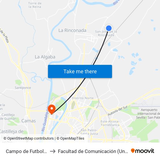 Campo de Futbol San Jose (I) to Facultad de Comunicación (Universidad de Sevilla) map