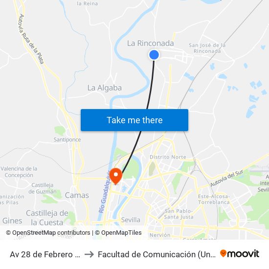 Av 28 de Febrero Los Brejidos to Facultad de Comunicación (Universidad de Sevilla) map