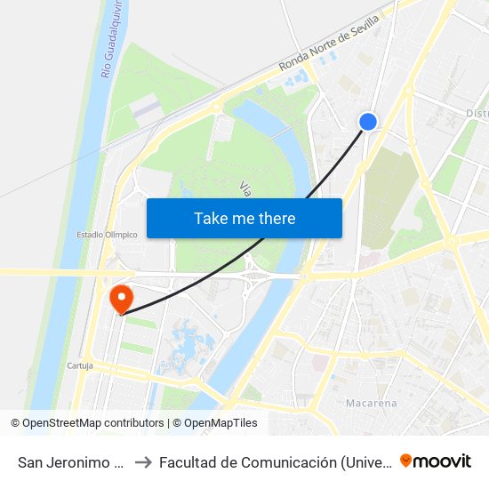 San Jeronimo Iglesia (I) to Facultad de Comunicación (Universidad de Sevilla) map